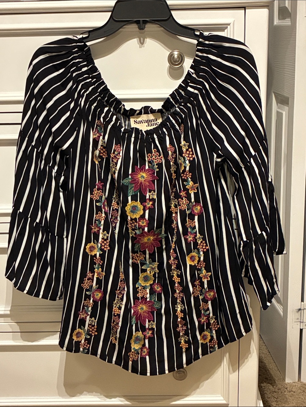 Savanna Jane Black & White Striped Peasant Top with Multicolor Floral Embroidery
